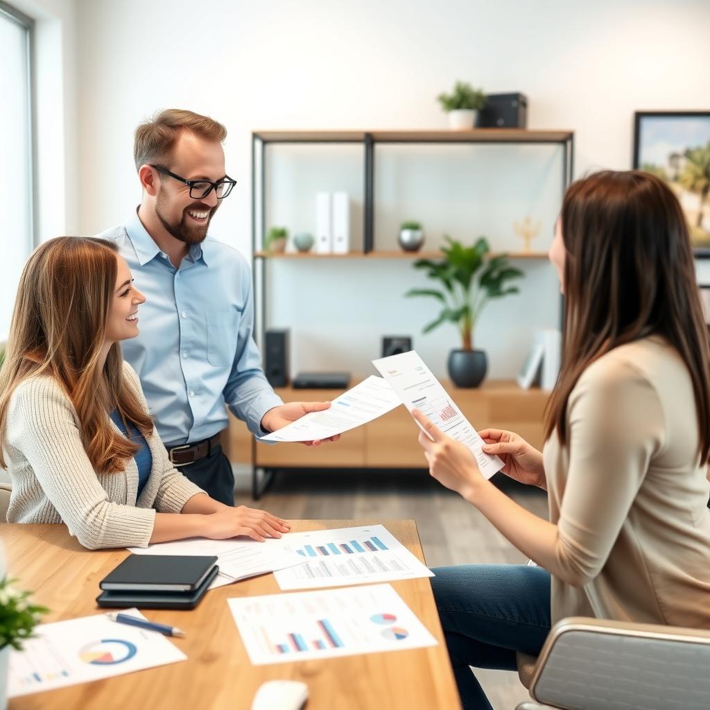 Mortgage advisor discussing loan options with couple in office