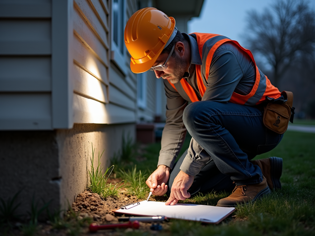 Home inspector examining foundation