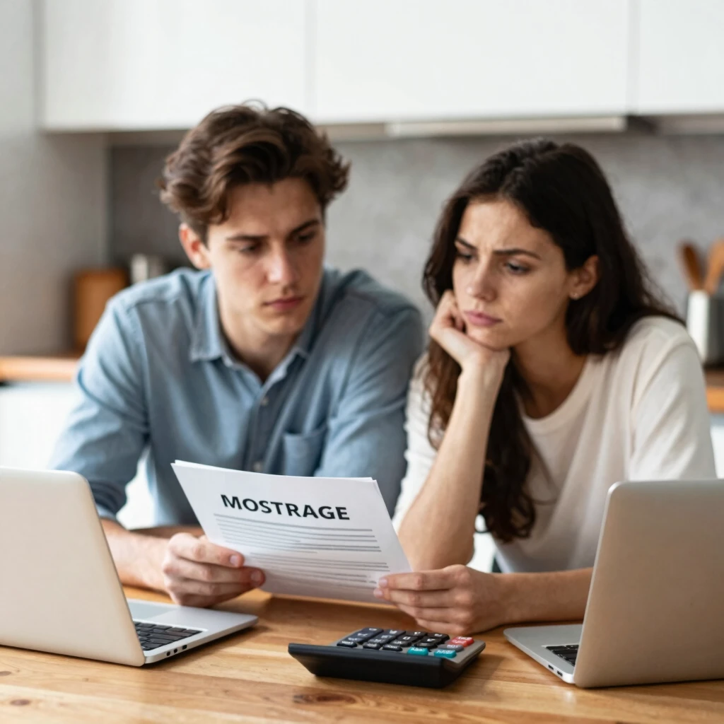 Young couple reviewing mortgage documents at kitchen table
