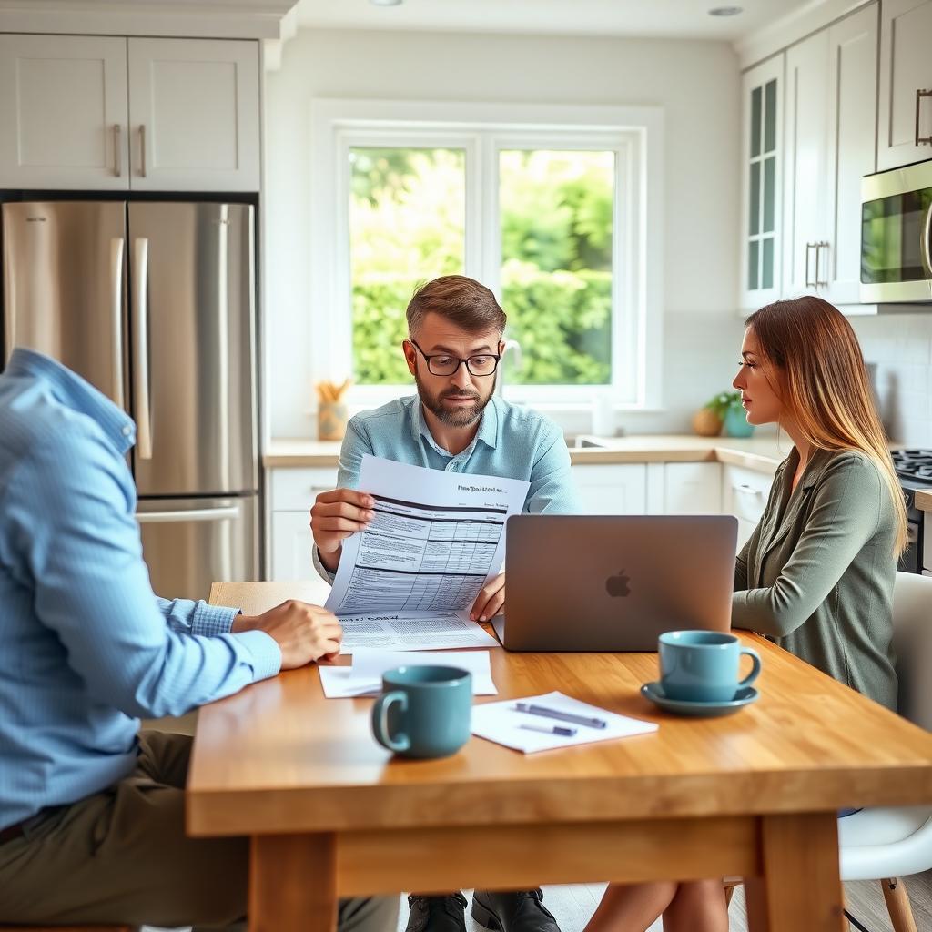 Homebuyer and real estate agent reviewing a home inspection report in a modern kitchen.