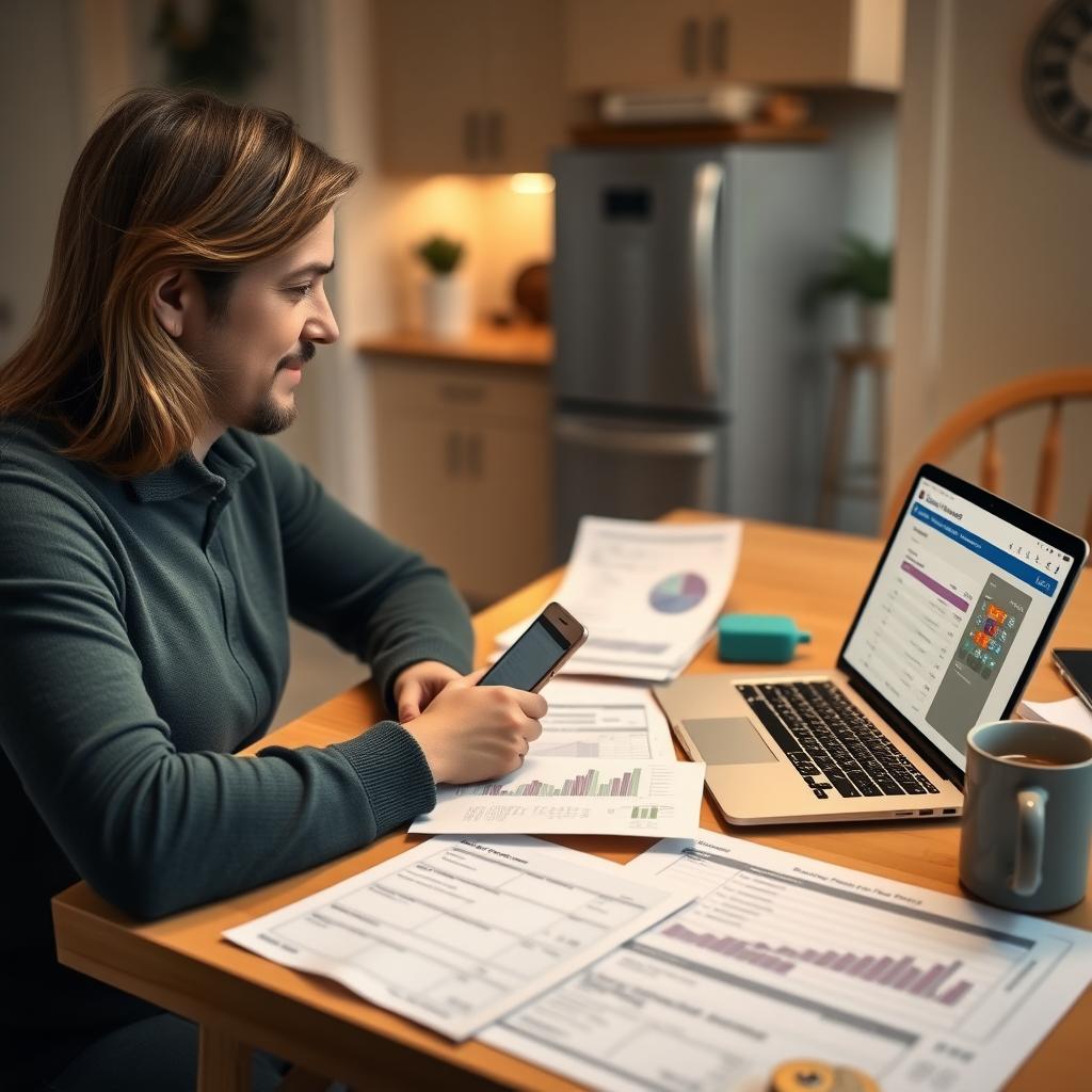 Person reviewing financial documents and using a mortgage calculator on a laptop at a kitchen table.