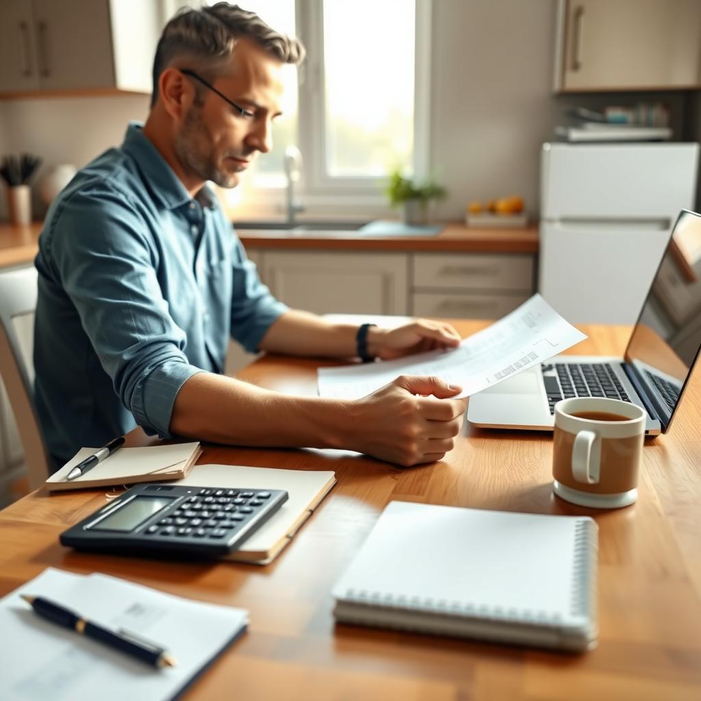 Person reviewing financial documents at a kitchen table with a calculator and laptop.