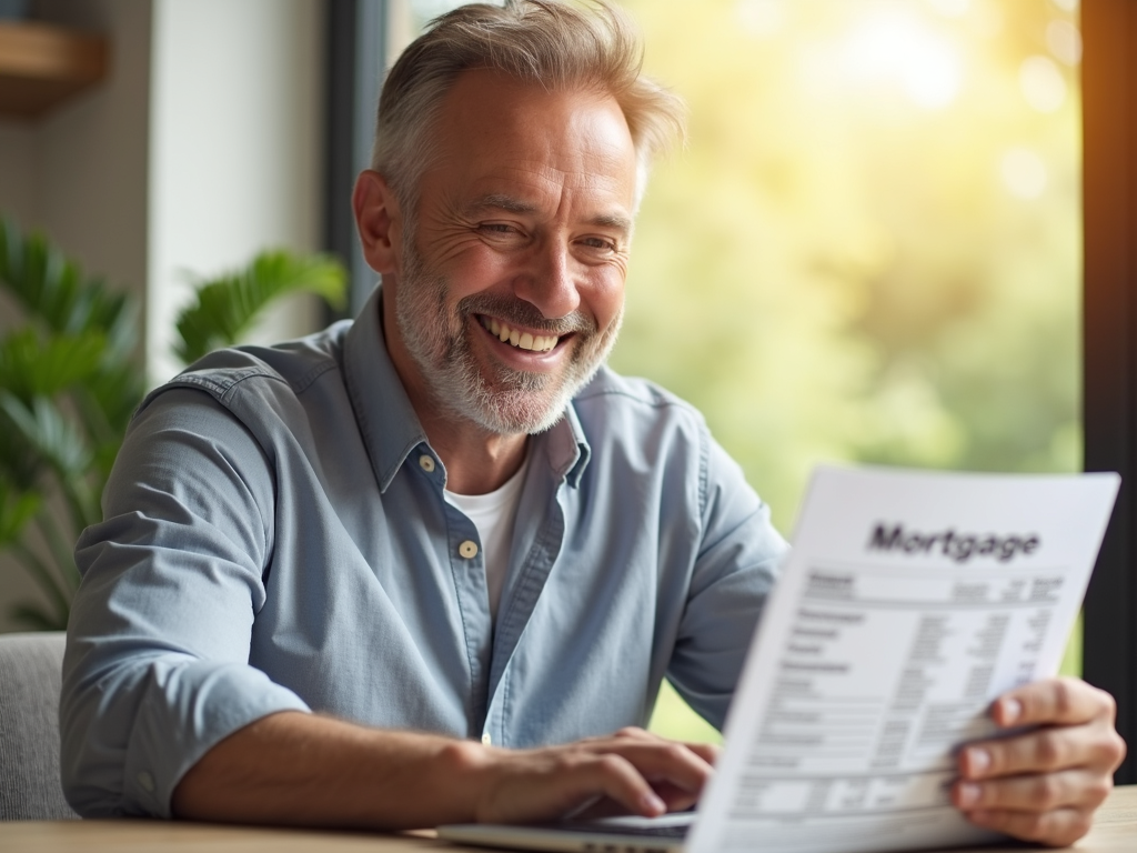 Homeowner smiling as he reviews his lower mortgage payment after an FHA refinance.
