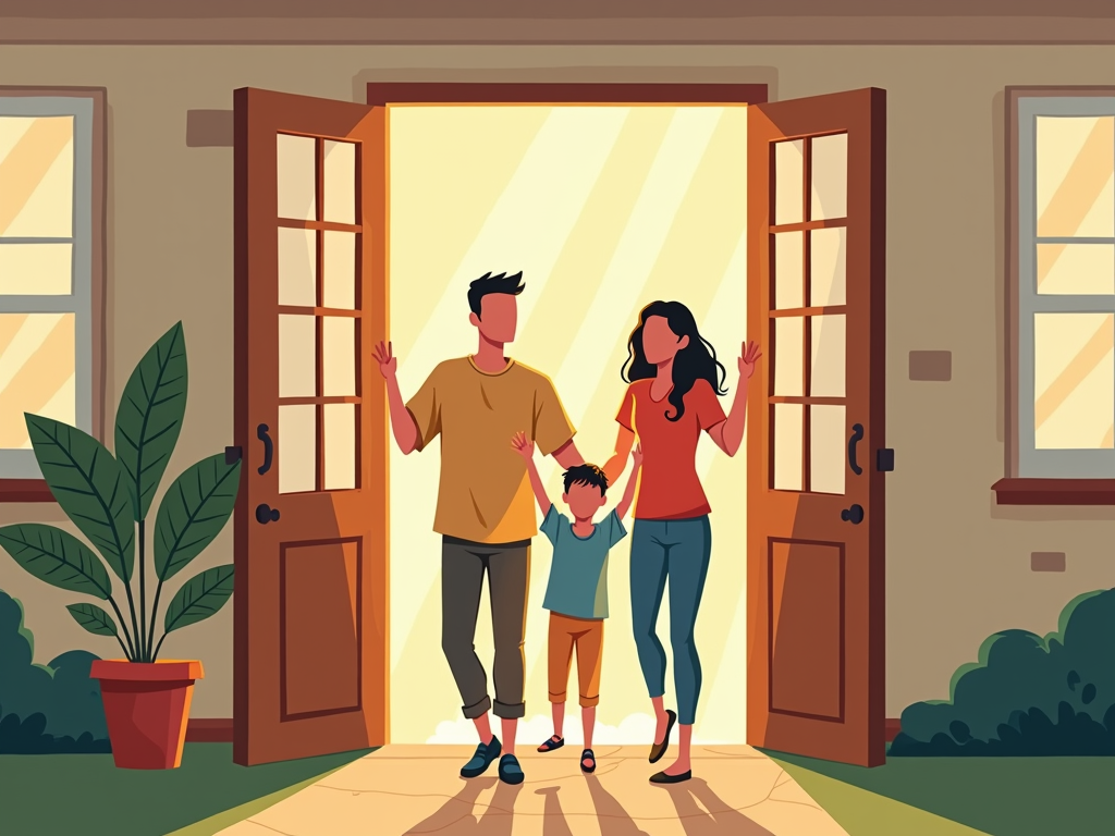 An illustration of a happy family moving into their new home.