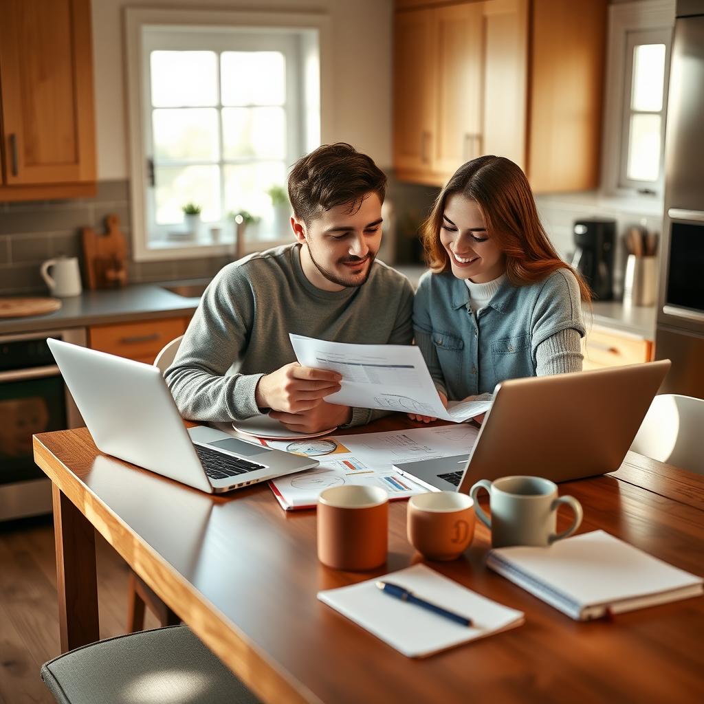 Young couple reviewing financial documents at a kitchen table.