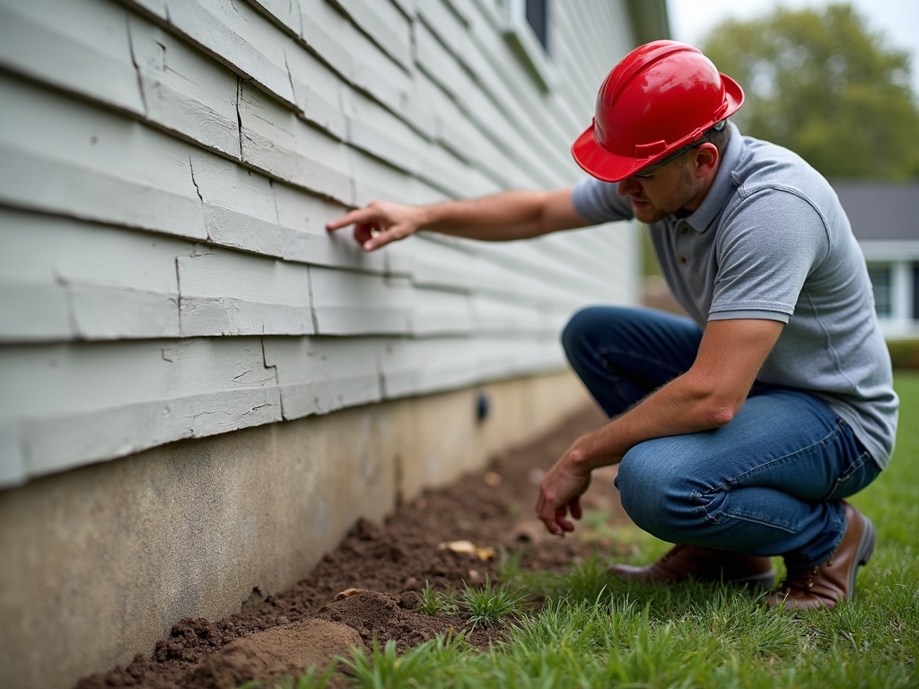 Inspector showing foundation crack