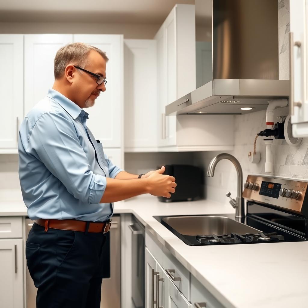 Home inspector checking a clean, modern kitchen.