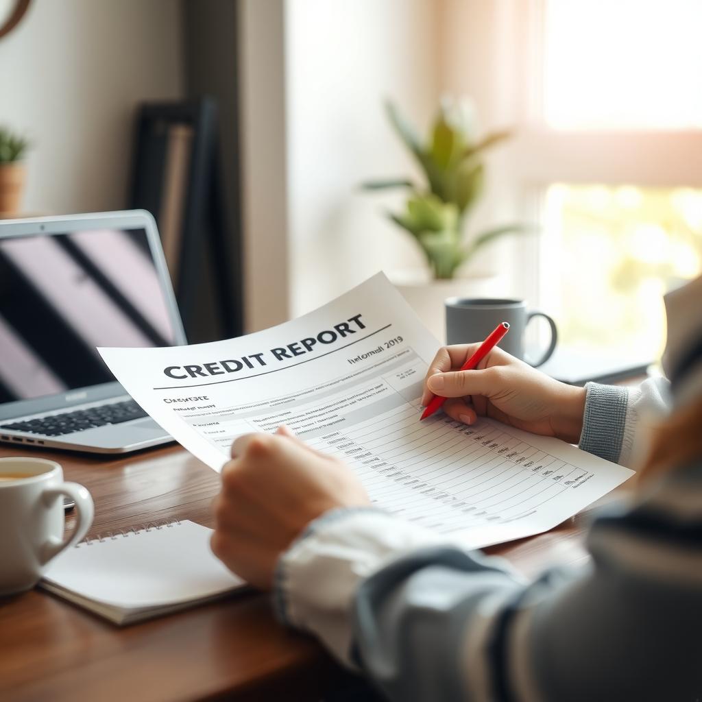 Person reviewing a credit report at a desk in a home office