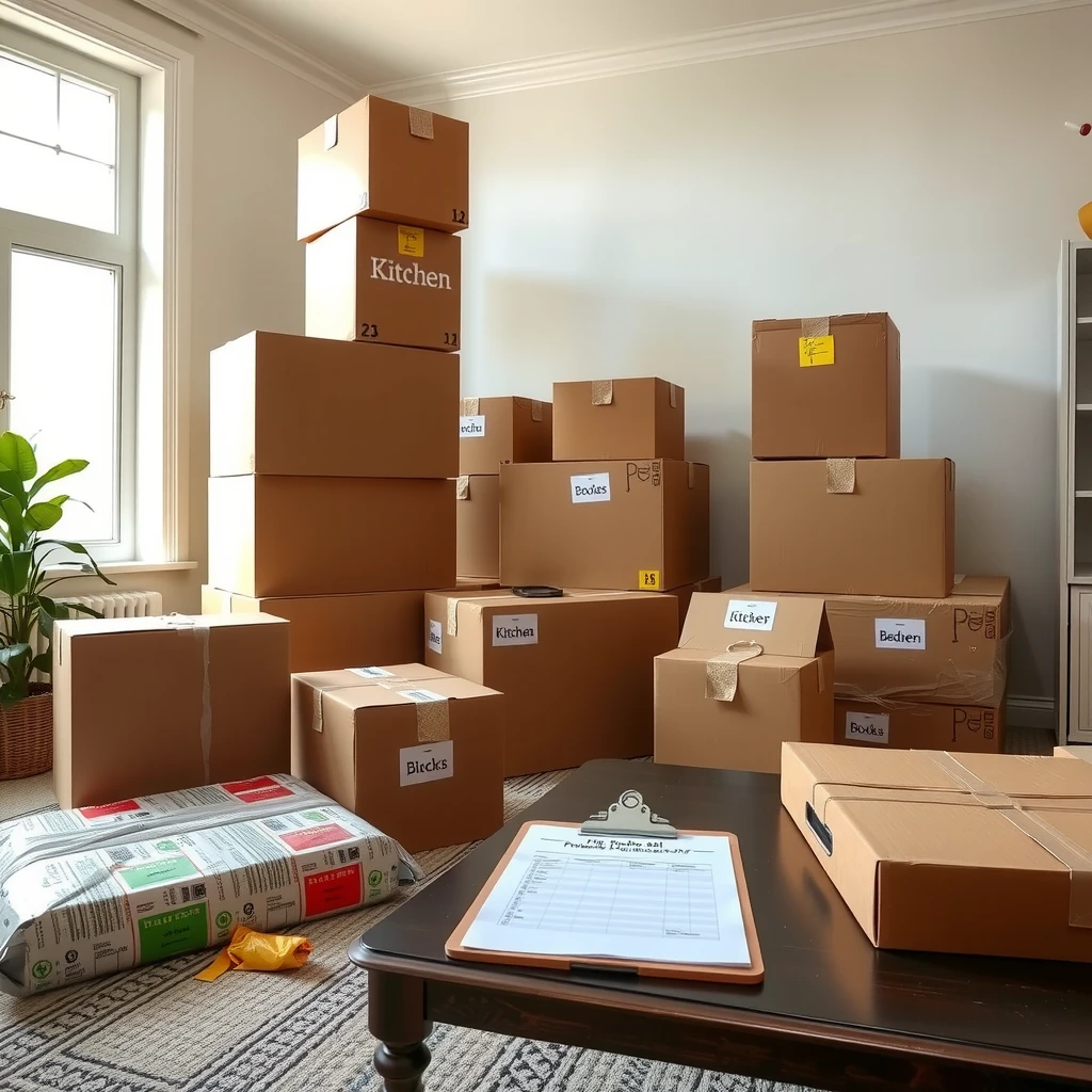 Family efficiently packing and labeling boxes in their living room