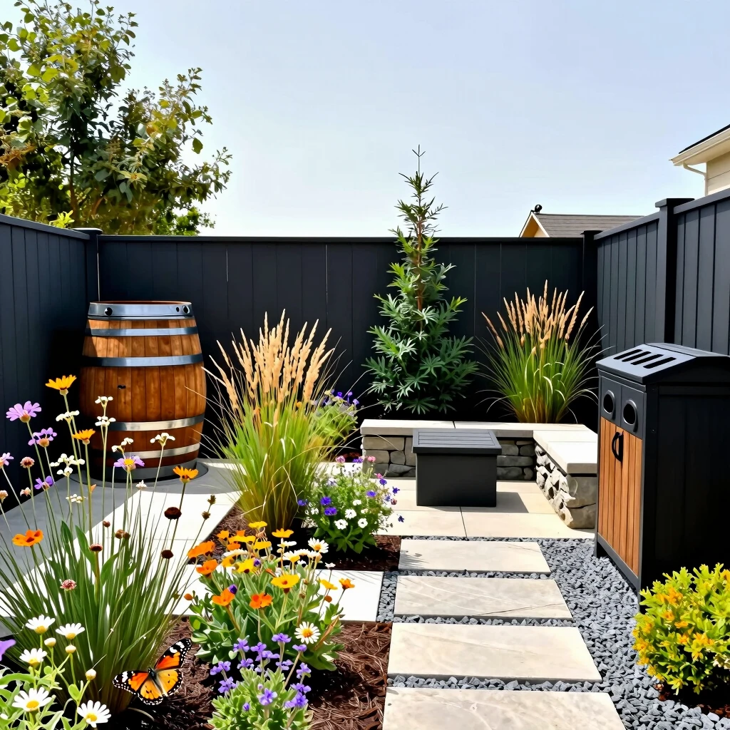 Sustainable backyard garden with native plants and eco-friendly elements