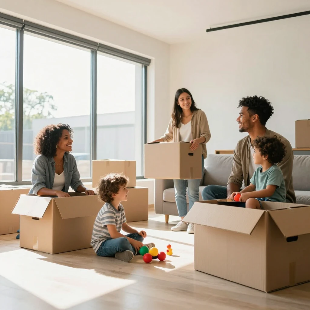 Family unpacking in their new home