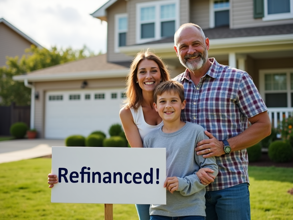 Family celebrating the benefits of FHA refinancing in front of their home