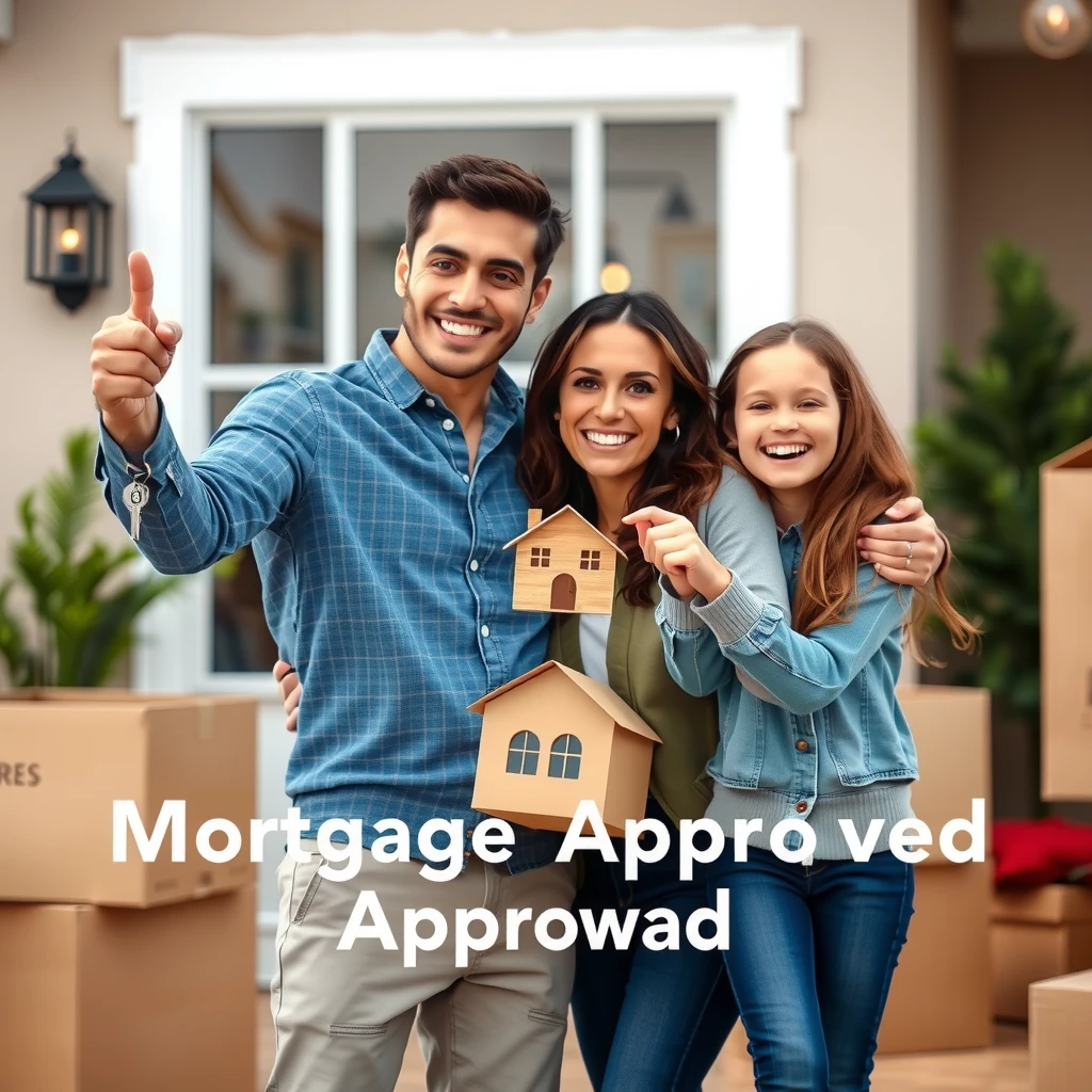 Happy family moving into new home with keys, symbolizing successful mortgage approval