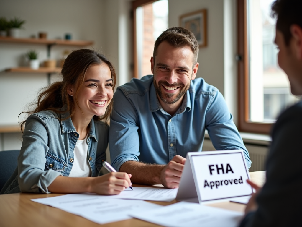 Couple signing FHA mortgage papers with lender.
