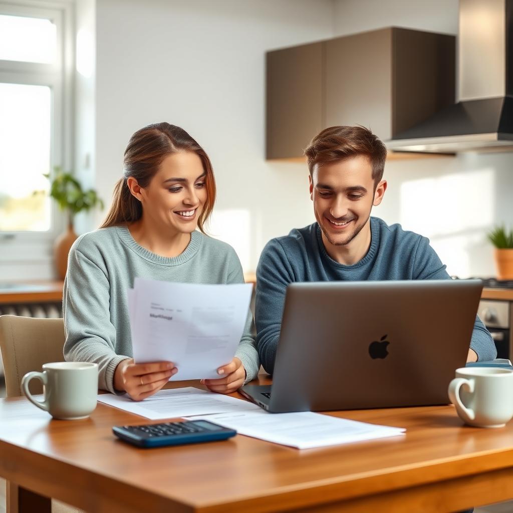 Couple reviewing mortgage documents at a kitchen table