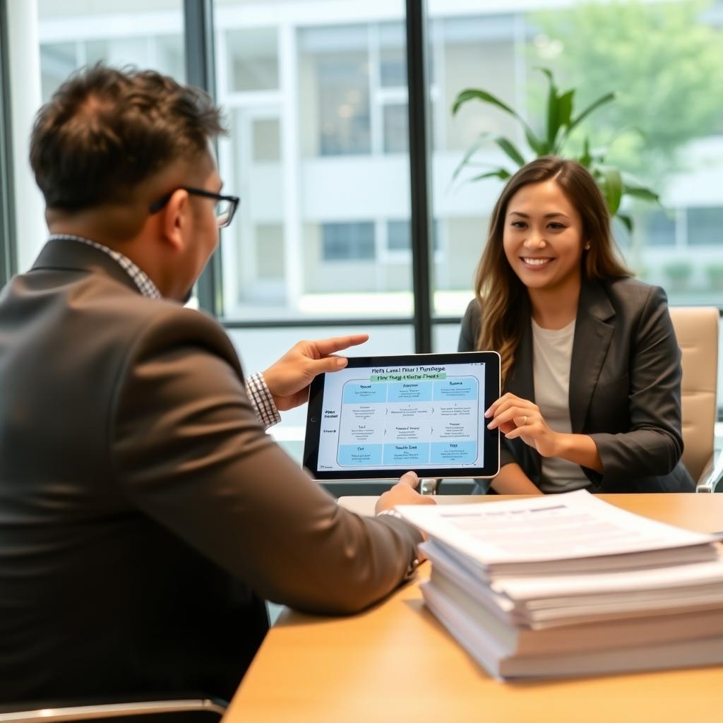 Mortgage advisor explaining FHA loan process to a couple in a modern office