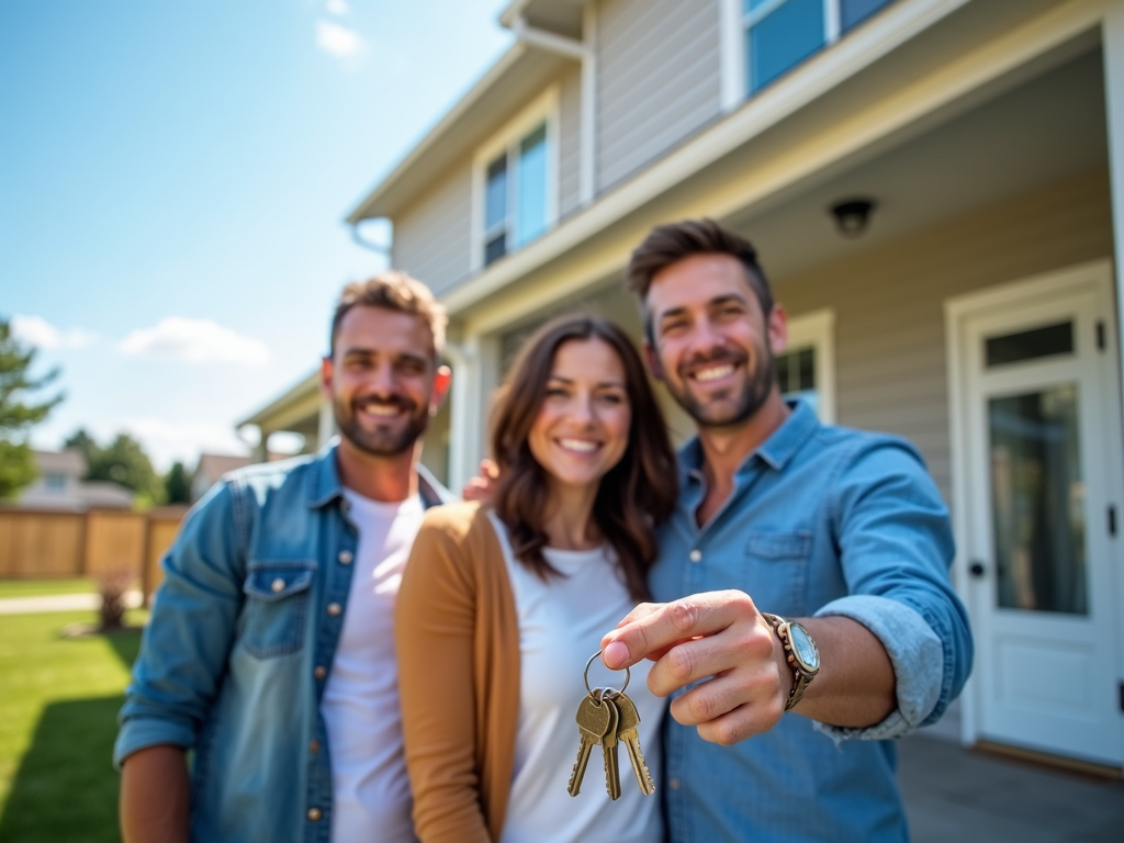 Family in front of new home with keys