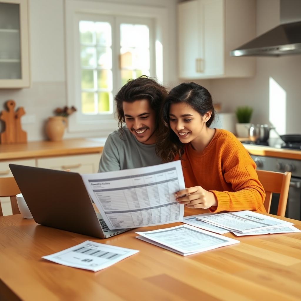 Young couple reviewing a budget spreadsheet on a laptop in a cozy kitchen.