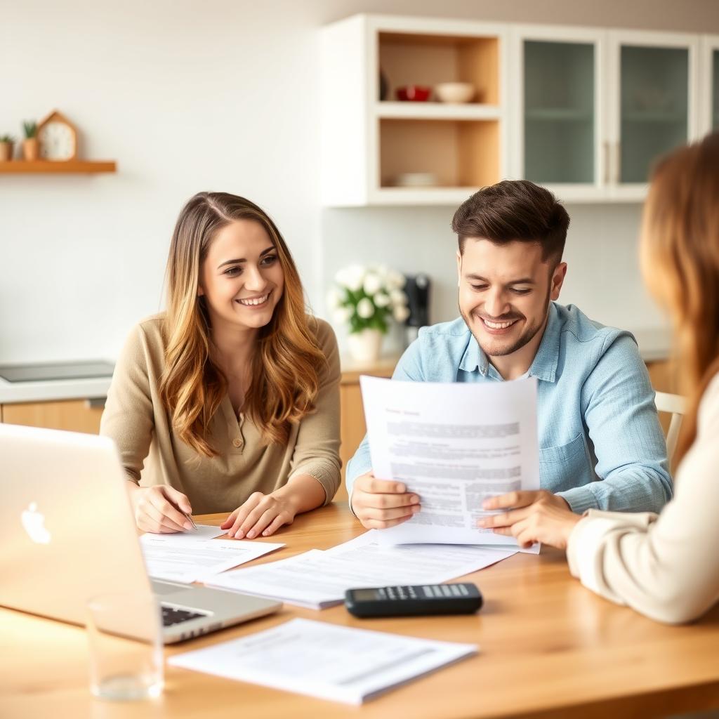 Young couple reviewing FHA loan documents with a lender in a bright kitchen.