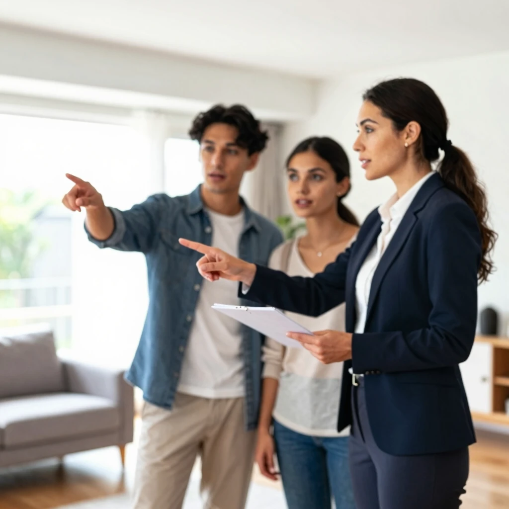 Real estate agent helping couple during home inspection in living room
