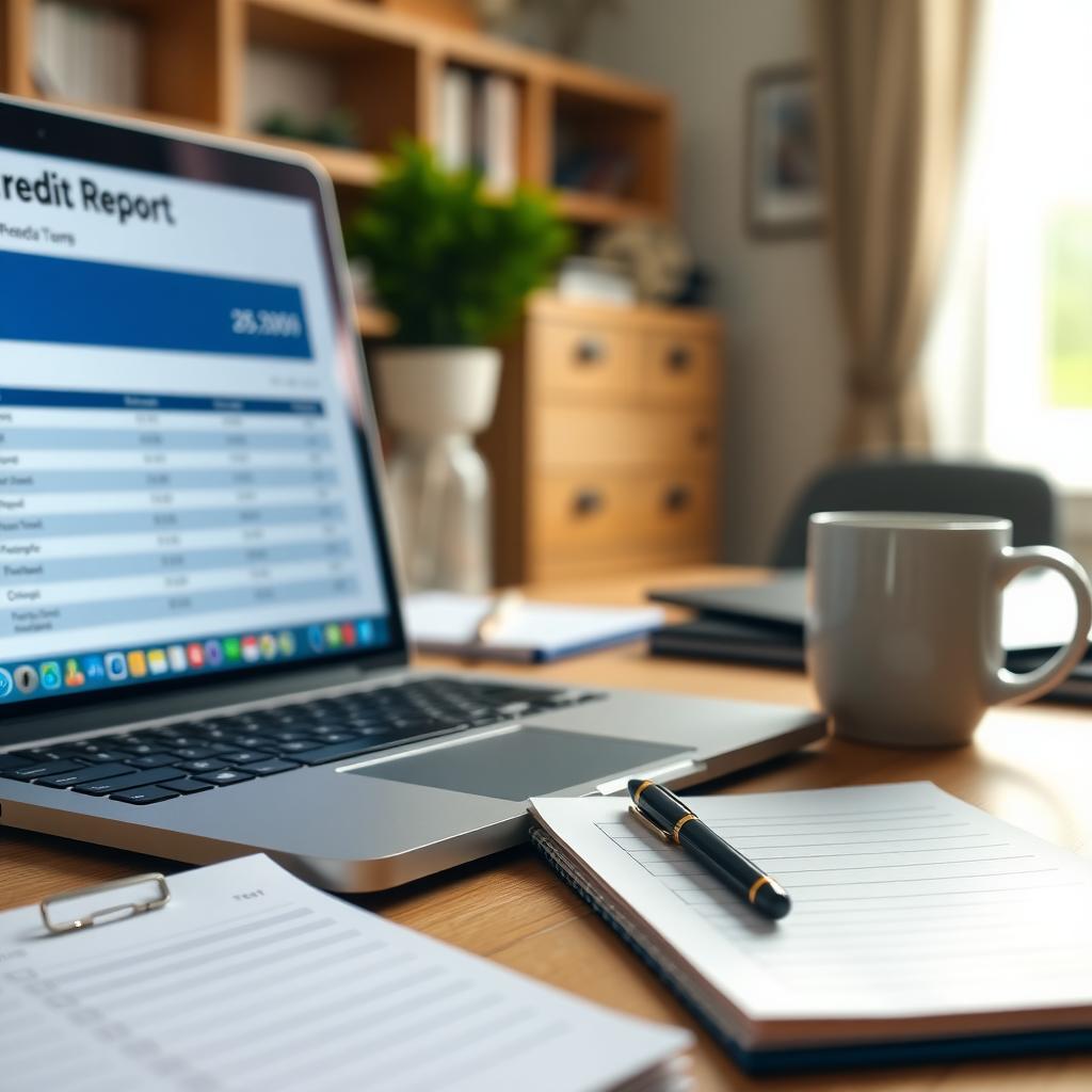 Organized home office desk with laptop showing credit report and FHA loan checklist