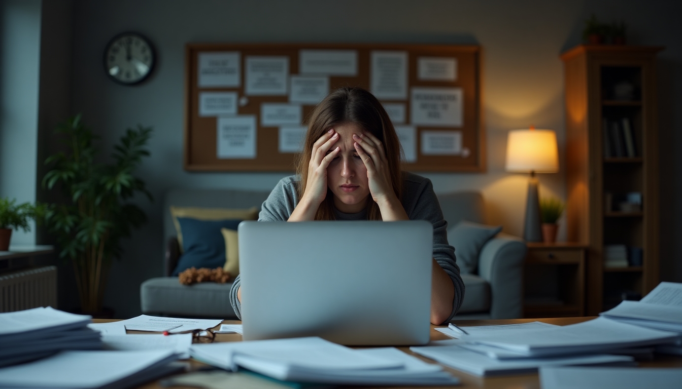 A frustrated homebuyer sitting with their head in their hands, surrounded by paperwork, serving as a cautionary example.