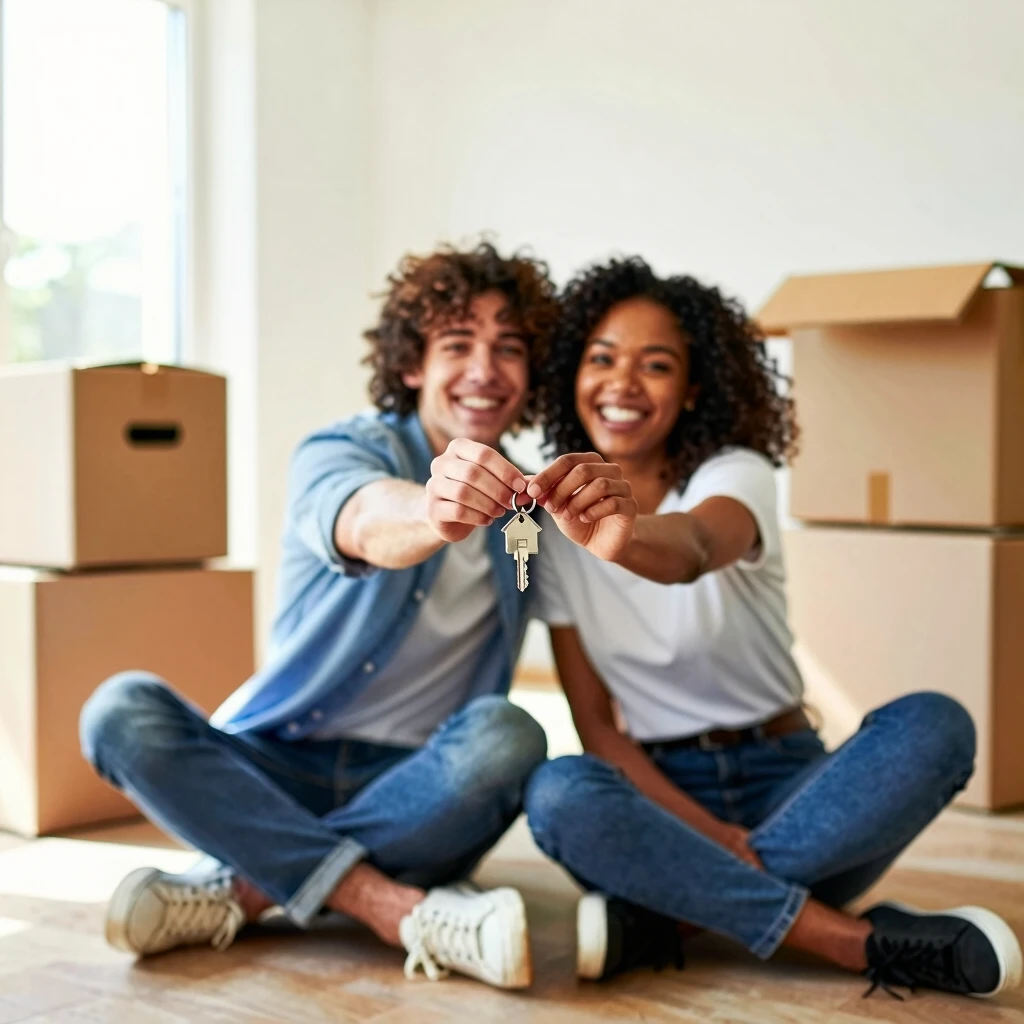 Happy young couple celebrating moving into their new home with house keys
