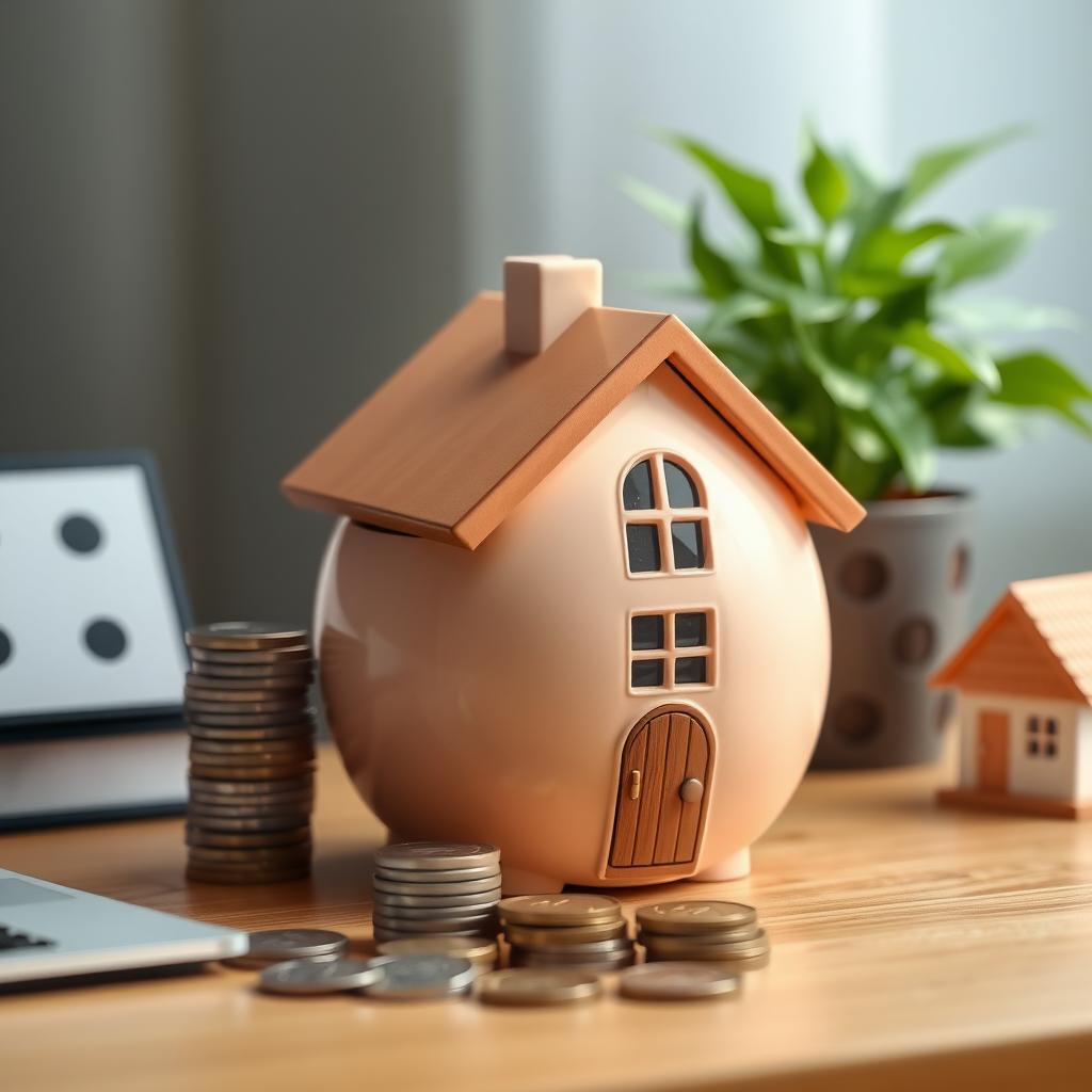 Piggy bank shaped like a house next to coins and a small home model on a desk.