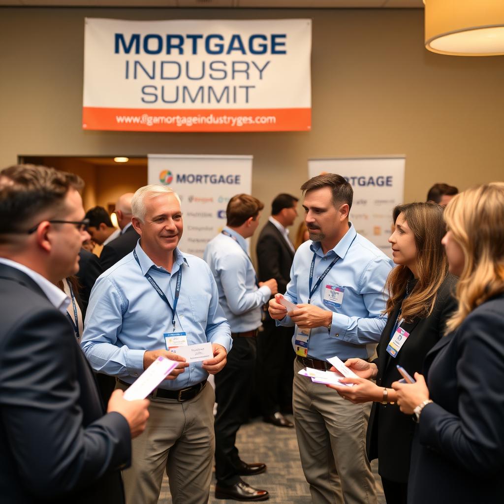 Mortgage brokers networking at a professional event in a conference room.