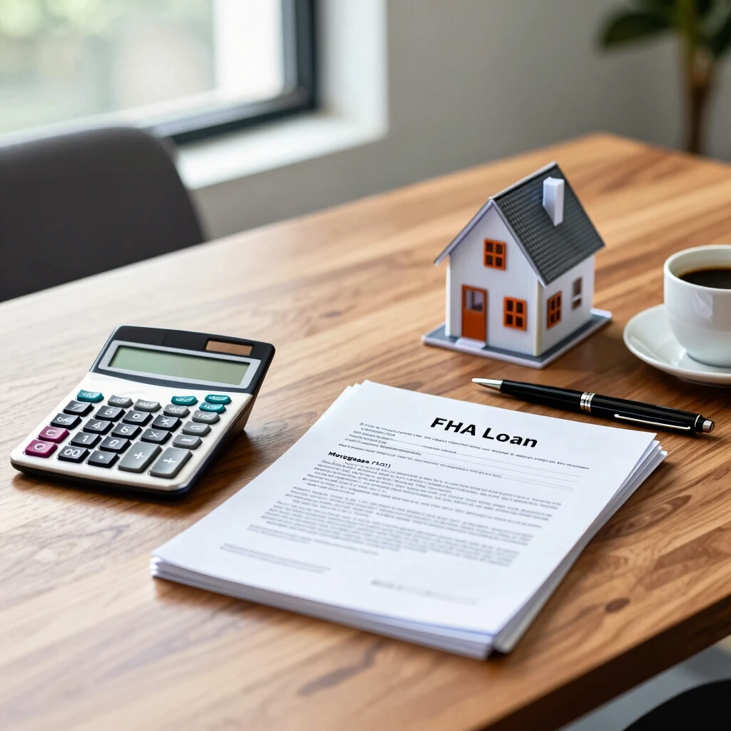 Mortgage calculator and documents with house model on table representing FHA loan