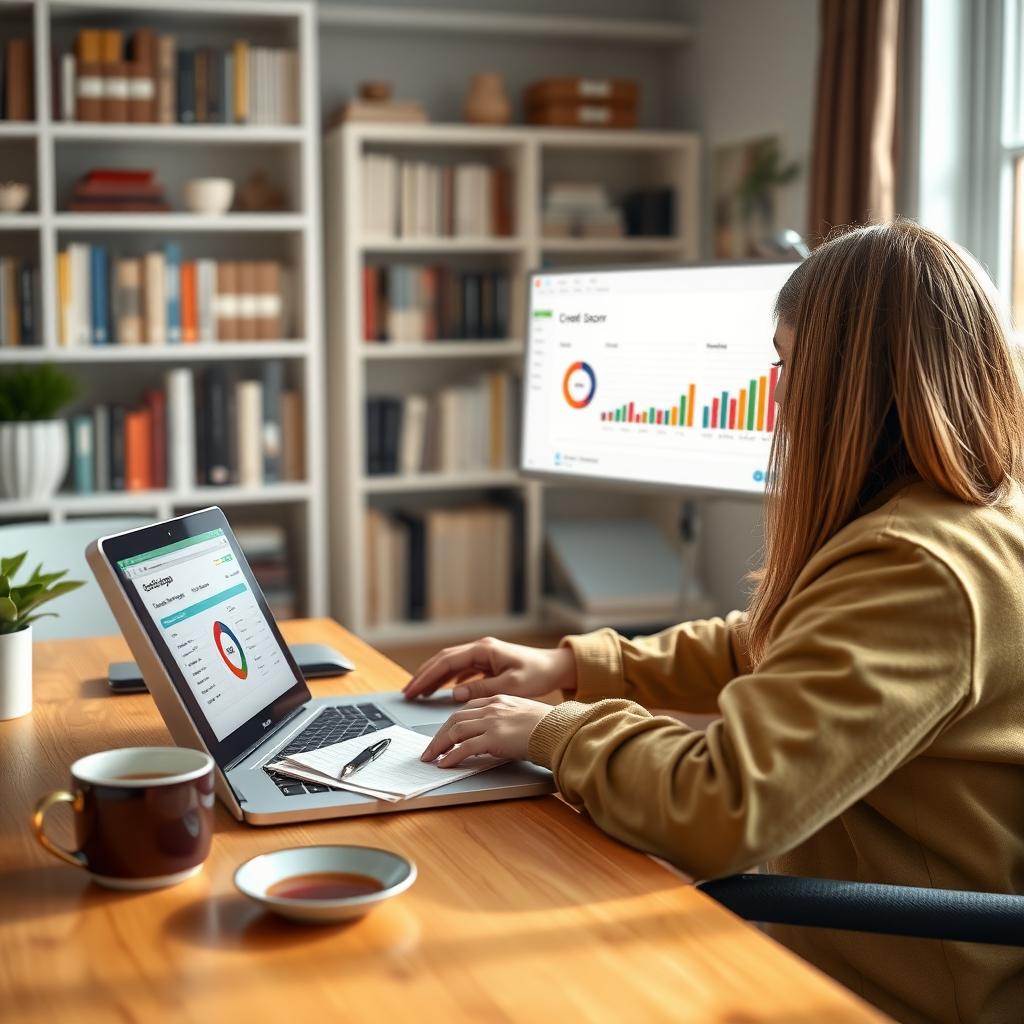 Person reviewing credit report on a laptop in a cozy home office