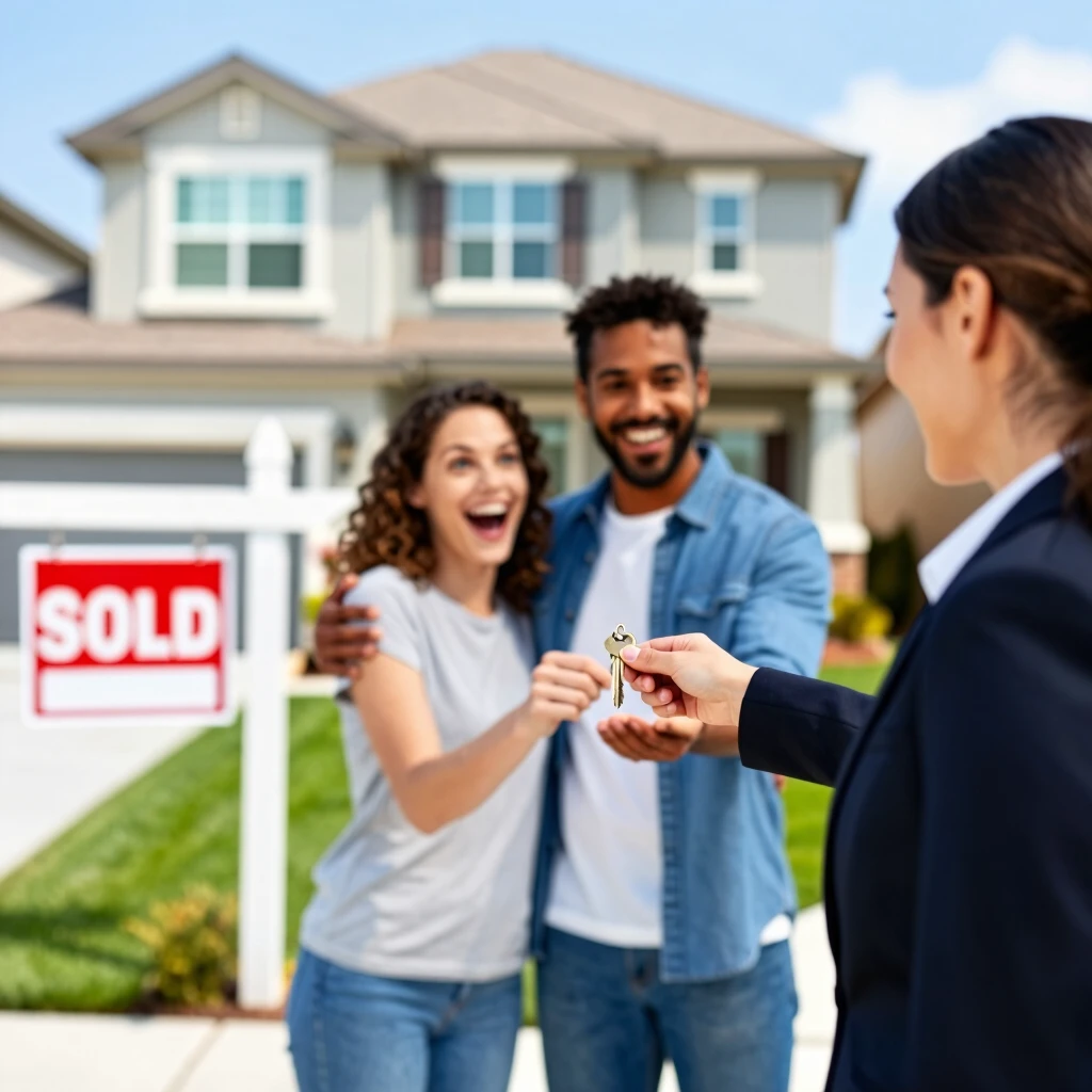 Happy first-time homebuyers receiving keys to their new house