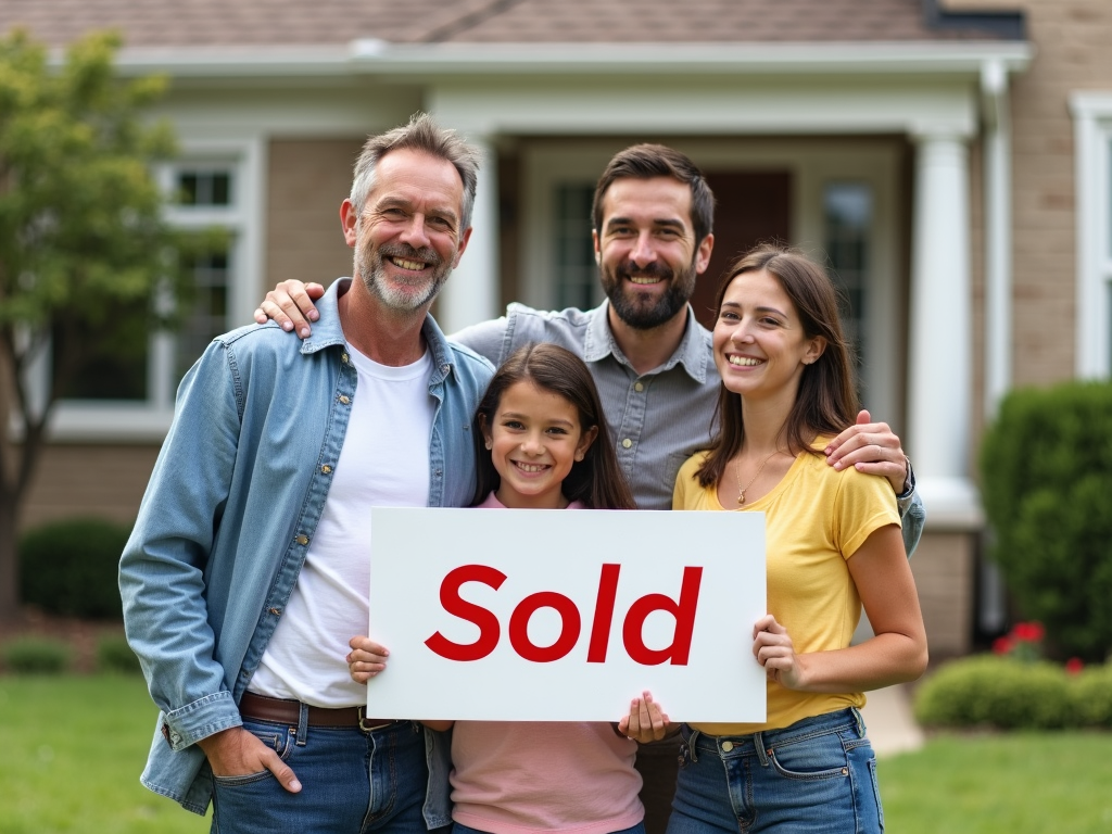 Family in front of their new home