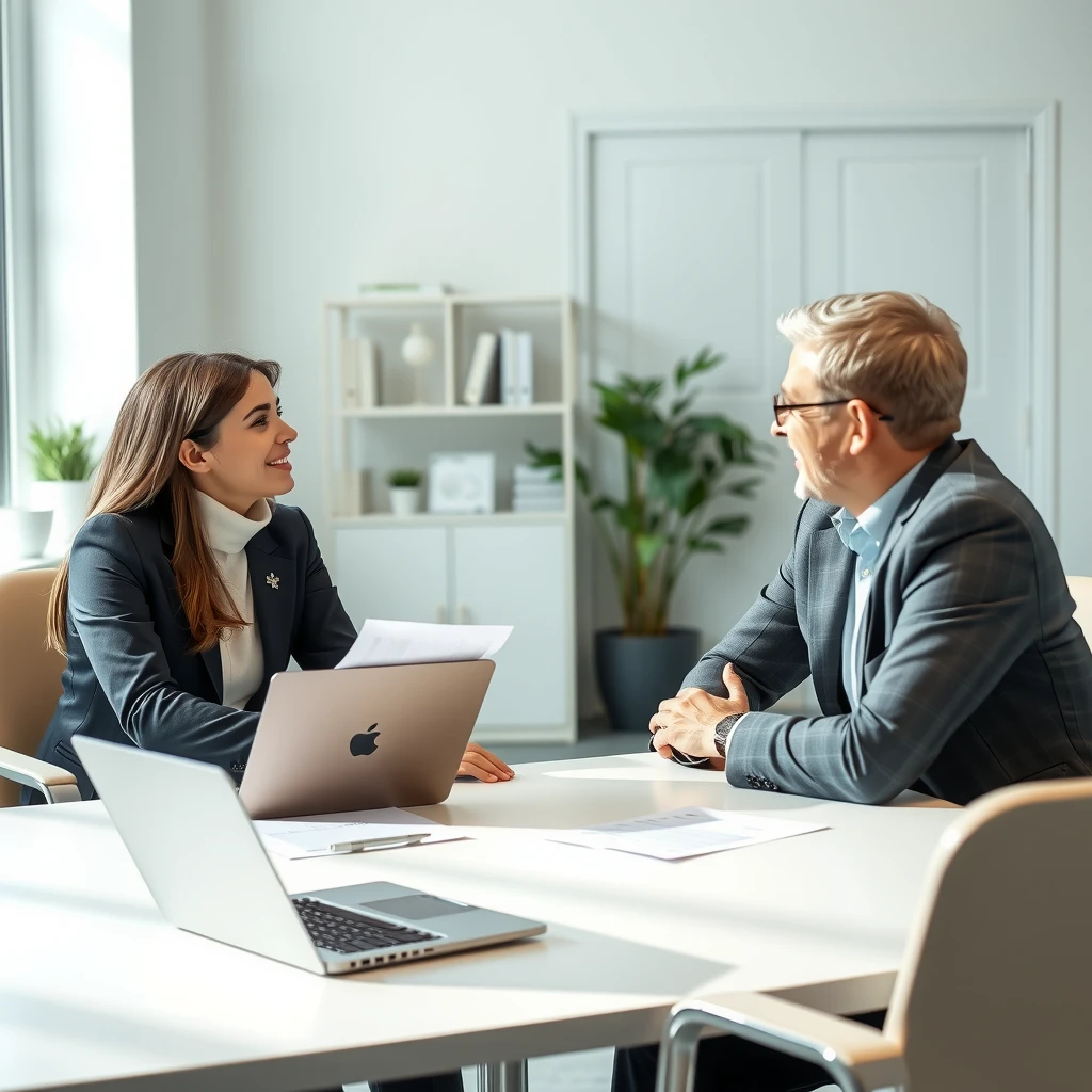 Professional couple meeting with mortgage lender in modern office discussing home loan options