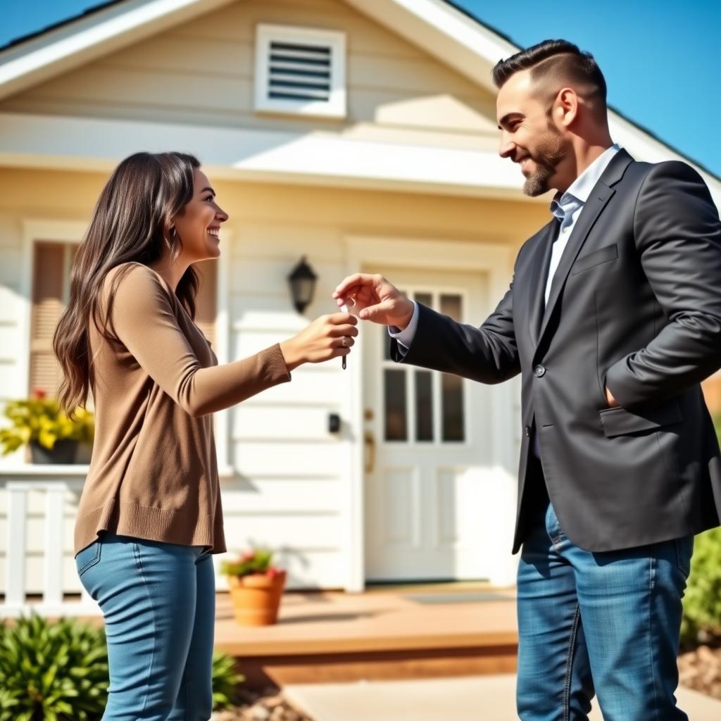 Real estate agent handing keys to a first-time homebuyer outside a home