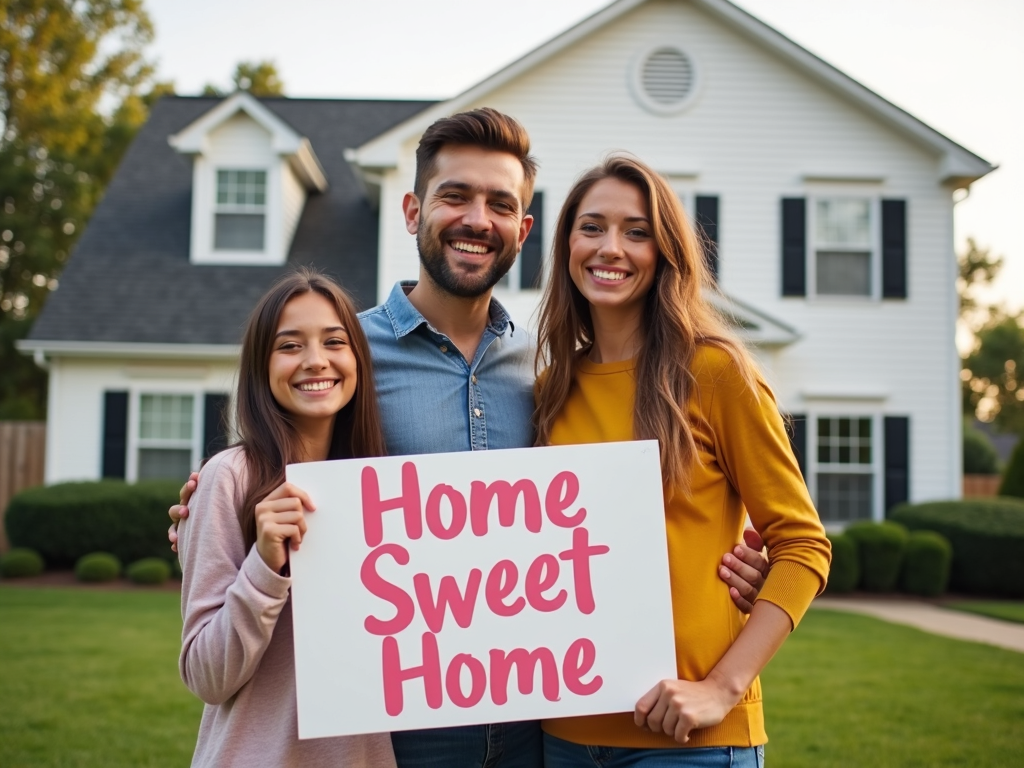 Family celebrating homeownership after refinancing.