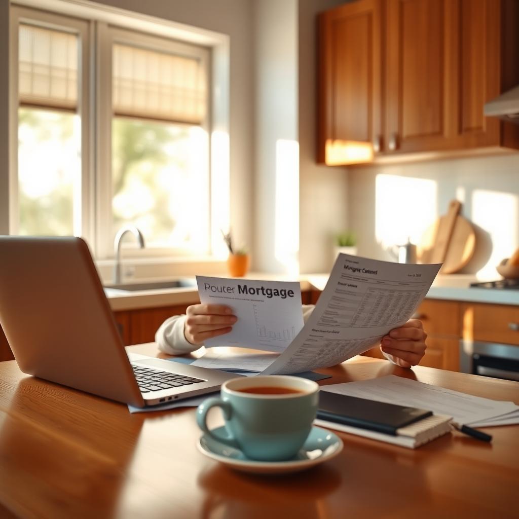 Person reviewing mortgage documents at a kitchen table with a calculator and laptop.