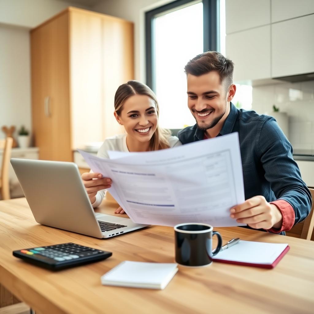 Young couple reviewing mortgage documents at a kitchen table