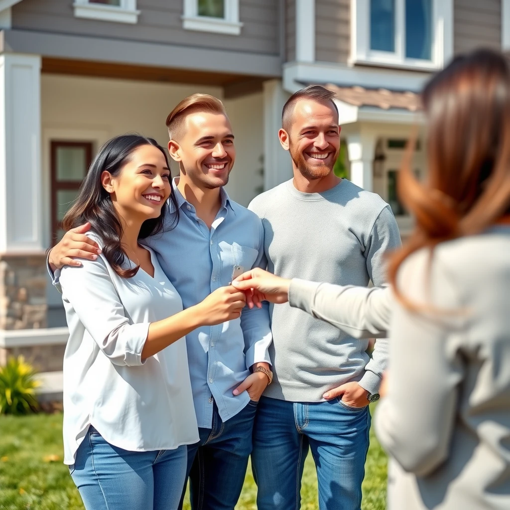 Happy young couple receiving keys to their new home from a real estate agent