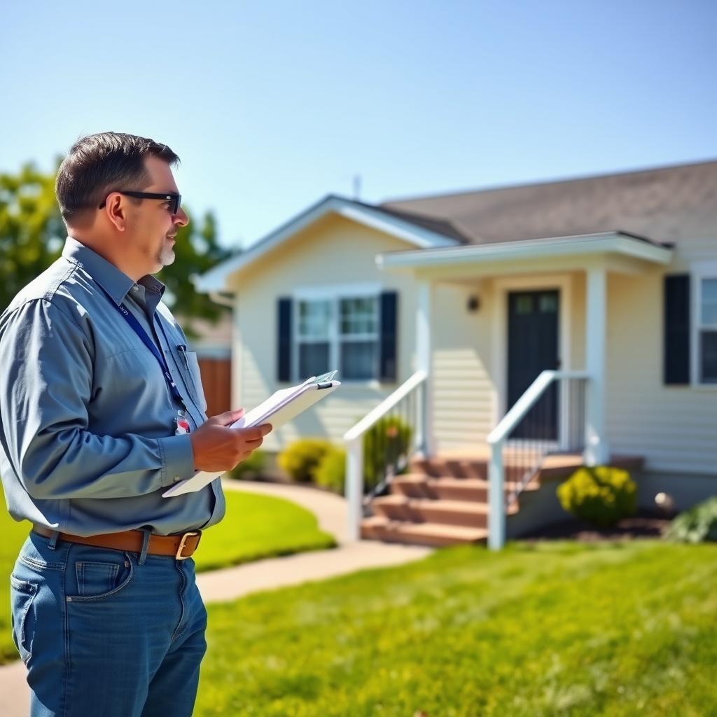 FHA appraiser inspecting the exterior of a single-family home on a sunny day.