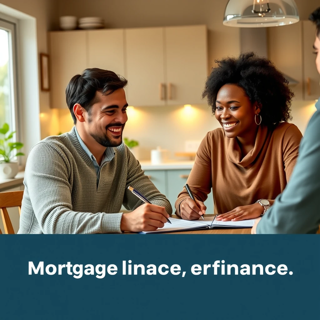 Happy diverse couple signing FHA refinance documents with lender at home