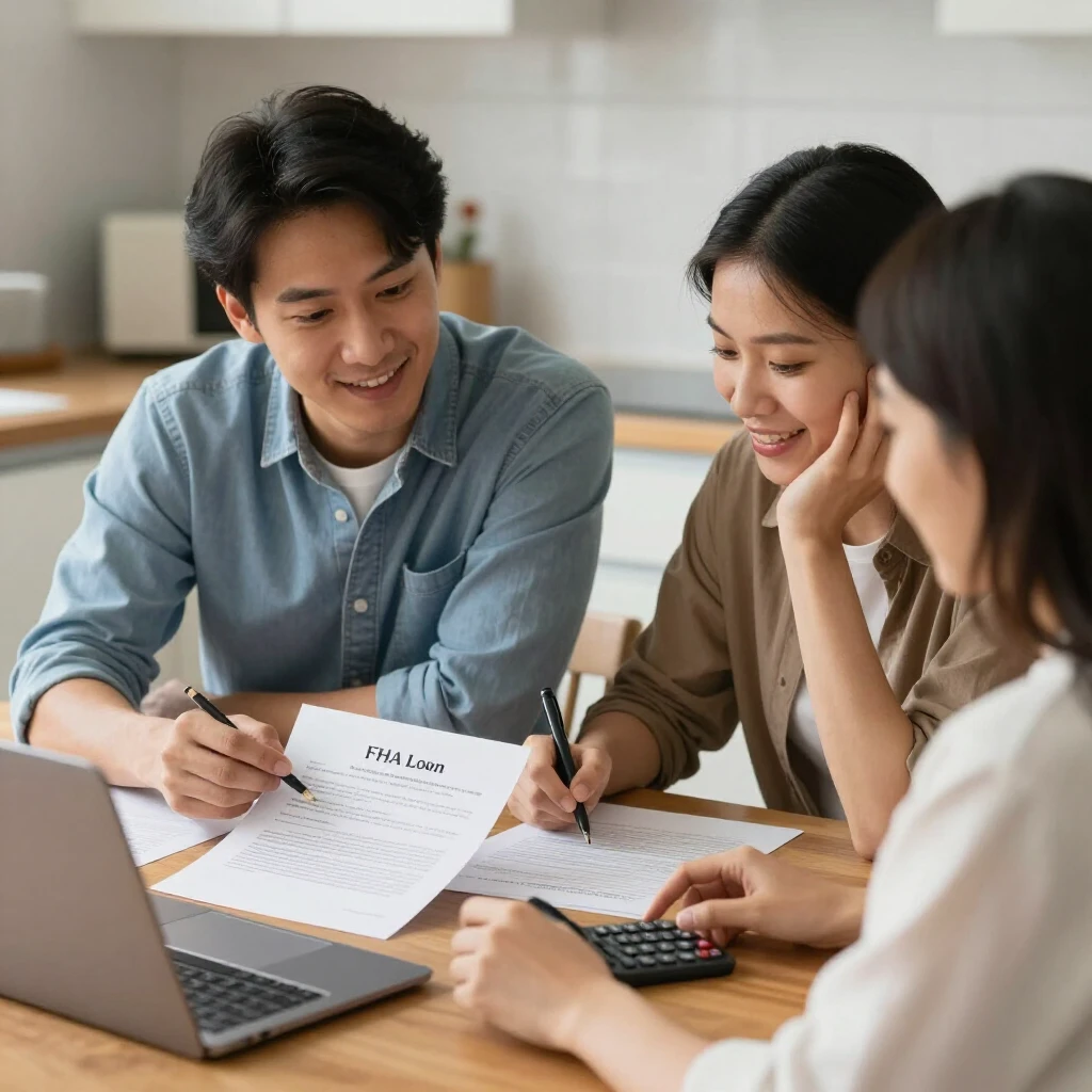 Couple reviewing FHA loan documents with lender