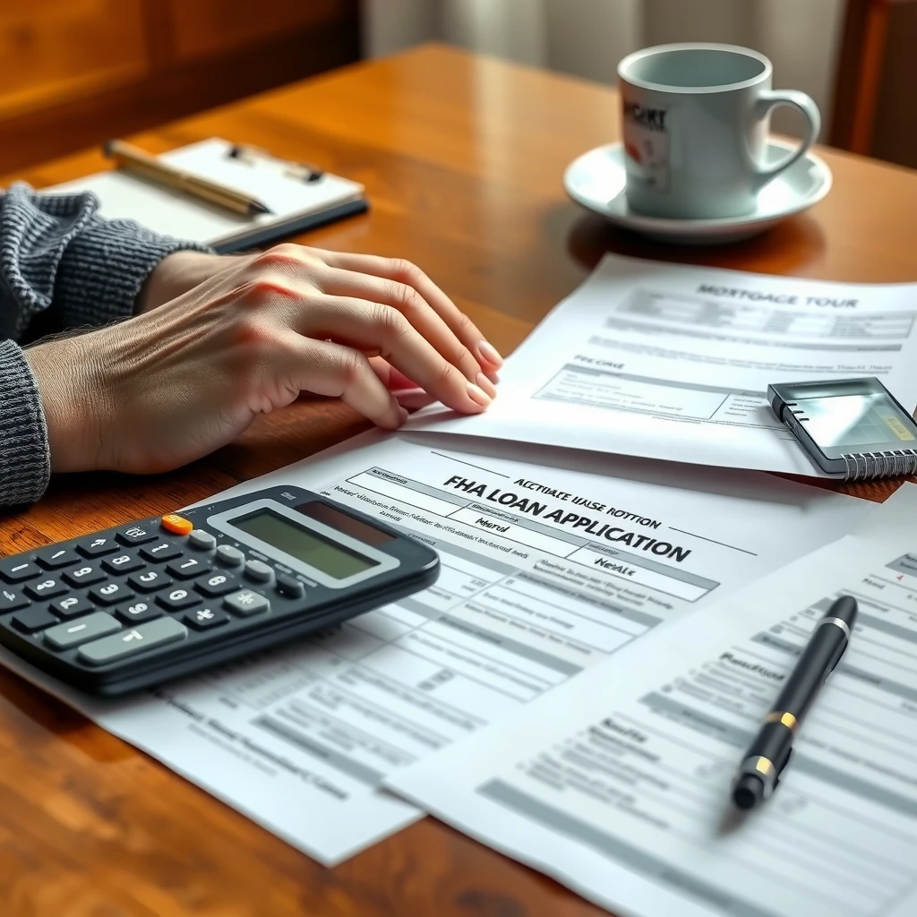 Person reviewing FHA loan documents and using a calculator