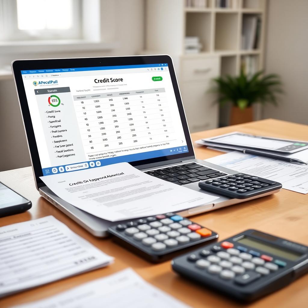 Organized desk with laptop showing credit score, pre-approval letter, and financial documents.