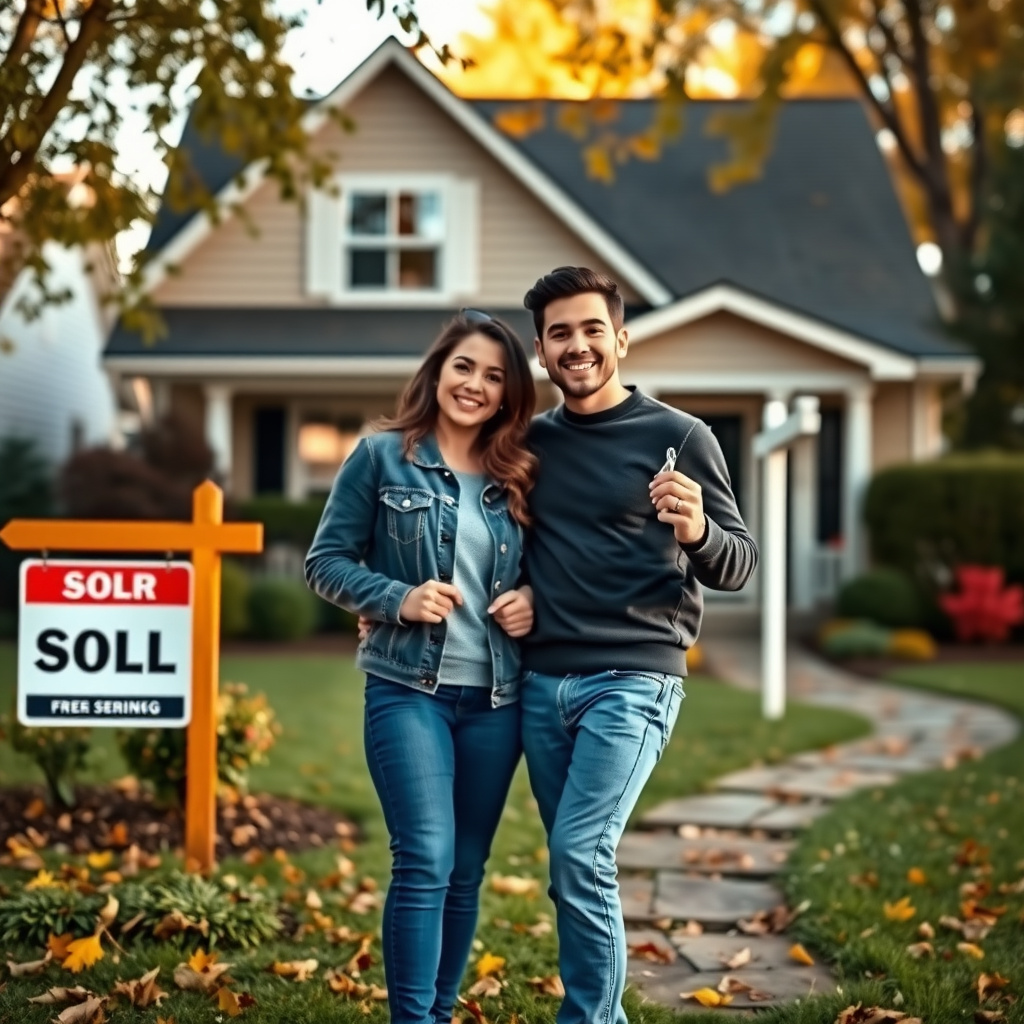Excited first-time homebuyers holding keys to their new home