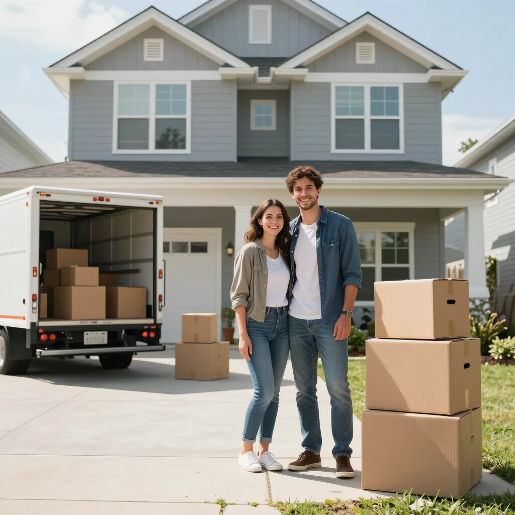 Happy new homeowners standing in front of their new house with a moving truck and boxes