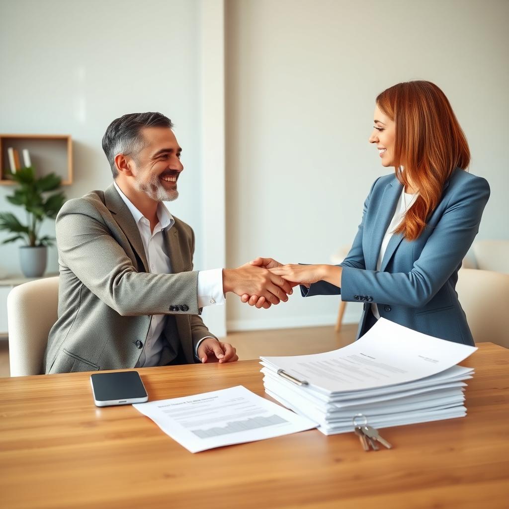 Couple shaking hands with real estate agent at mortgage closing