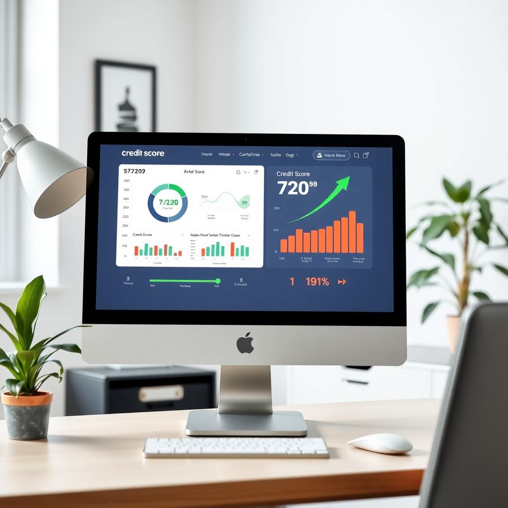 Computer screen showing a credit score dashboard with a score of 720