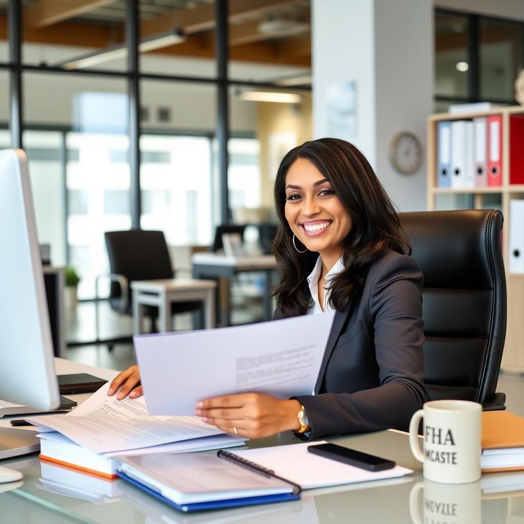 Loan officer reviewing FHA mortgage documents in a modern office.