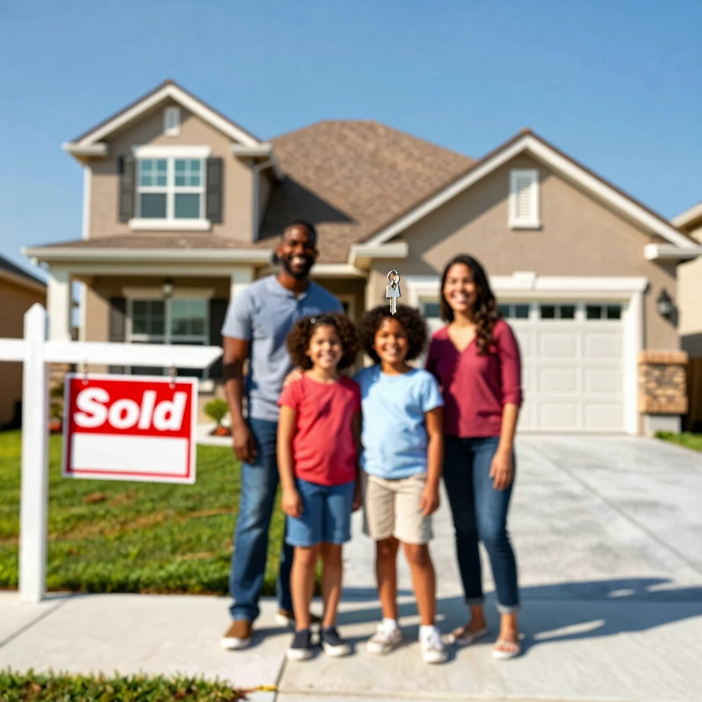 Family celebrating new home purchase outside their house
